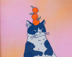 Orange Cat A4 Risograph poster | Illustration in fluorescent pink, yellow and federal blue of a grumpy cat that balances oranges on its head