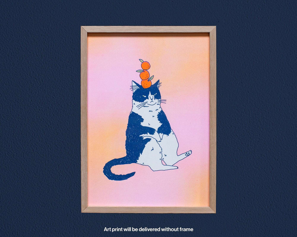 Orange Cat A4 Risograph poster | Illustration in fluorescent pink, yellow and federal blue of a grumpy cat that balances oranges on its head