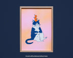 Orange Cat A4 Risograph poster | Illustration in fluorescent pink, yellow and federal blue of a grumpy cat that balances oranges on its head