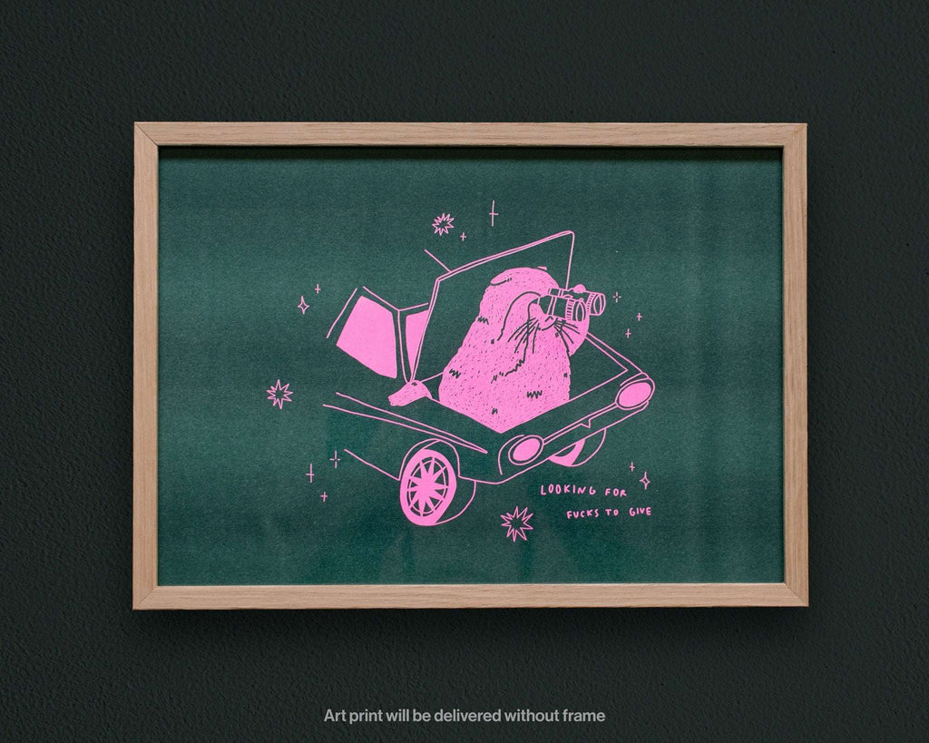 Looking For Fucks To Give A4 Risograph poster | Illustration in fluorescent pink and hunter green of a cat looking through binoculars
