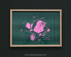 Looking For Fucks To Give A4 Risograph poster | Illustration in fluorescent pink and hunter green of a cat looking through binoculars