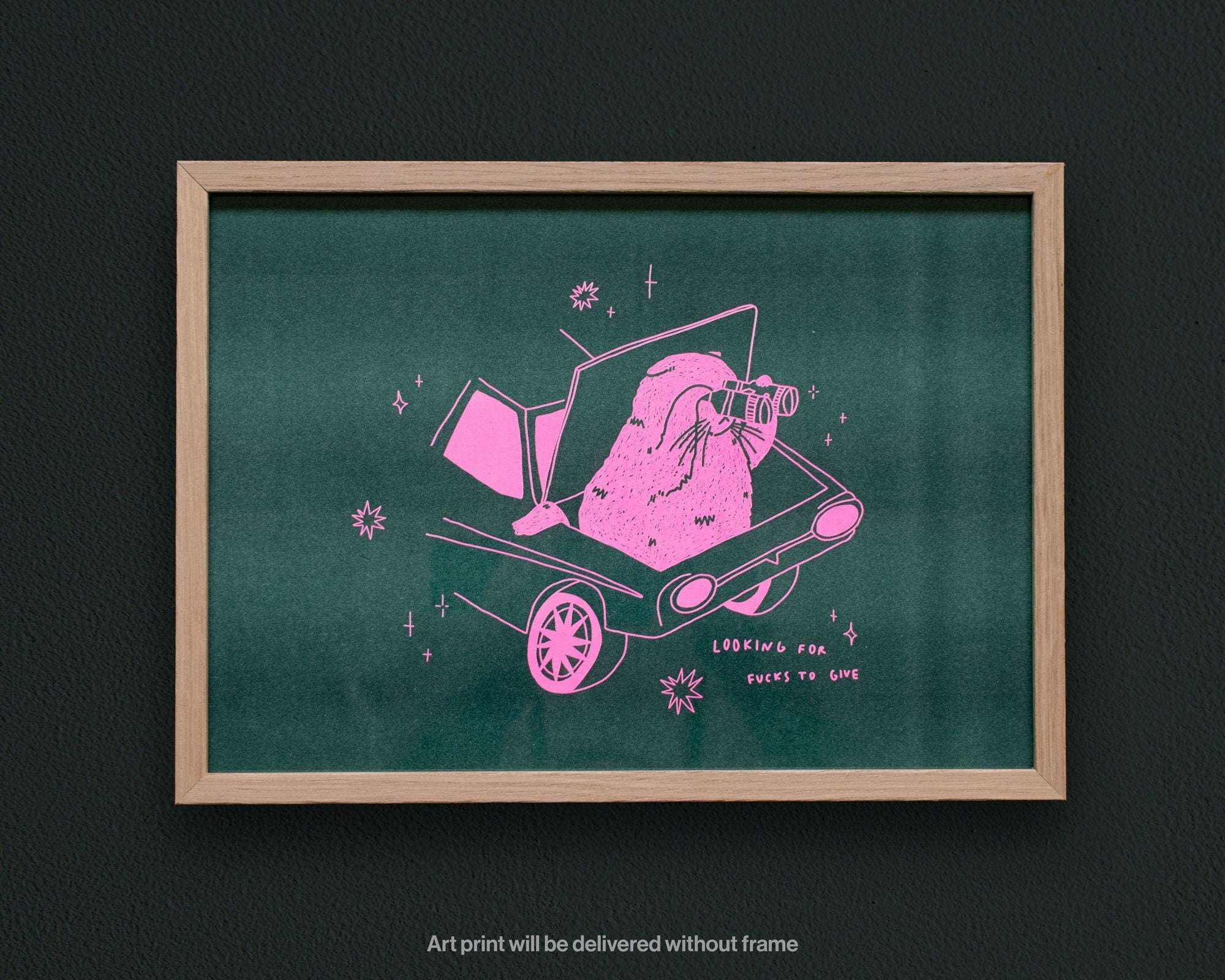 Looking For Fucks To Give A4 Risograph poster | Illustration in fluorescent pink and hunter green of a cat looking through binoculars