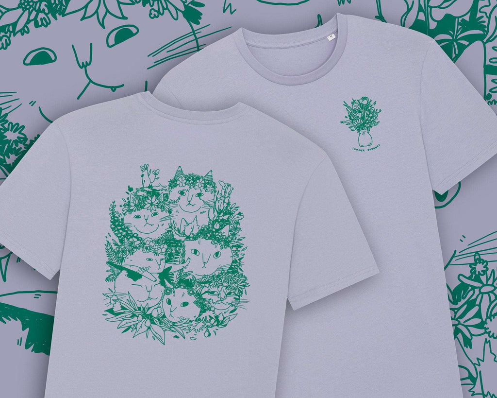 Summer Bouquet T-Shirt | Hand screen printed illustration of 7 cats with flowercrowns and other plants in green on lilac organic cotton tee