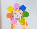 Grumpy Flower A4 Risograph poster | Illustration in fluorescent pink, blue and yellow of an angry looking cat in a flower costume