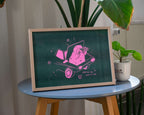 Looking For Fucks To Give A4 Risograph poster | Illustration in fluorescent pink and hunter green of a cat looking through binoculars