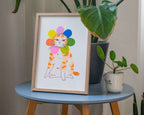 Grumpy Flower A4 Risograph poster | Illustration in fluorescent pink, blue and yellow of an angry looking cat in a flower costume