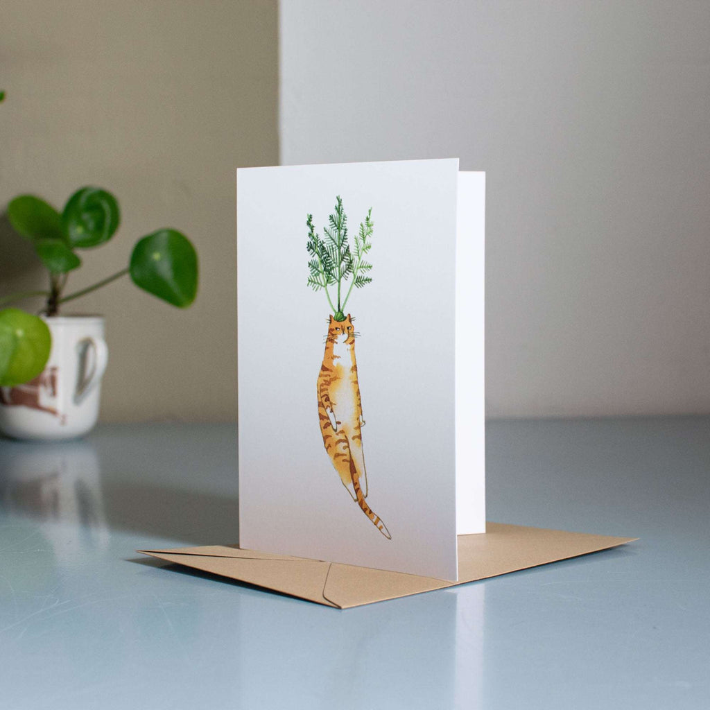 Carrot Cat Greeting Card: Grumpy Tabby Illustration