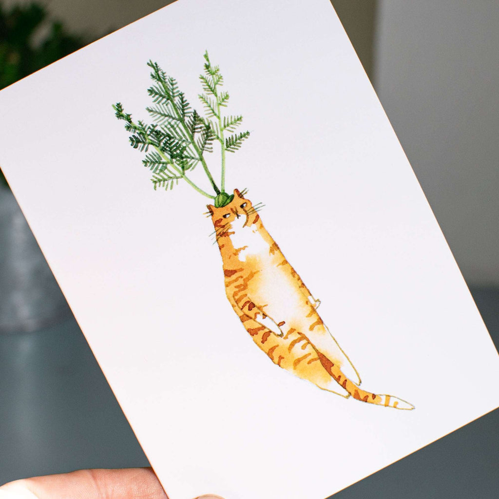Carrot Cat Greeting Card: Grumpy Tabby Illustration