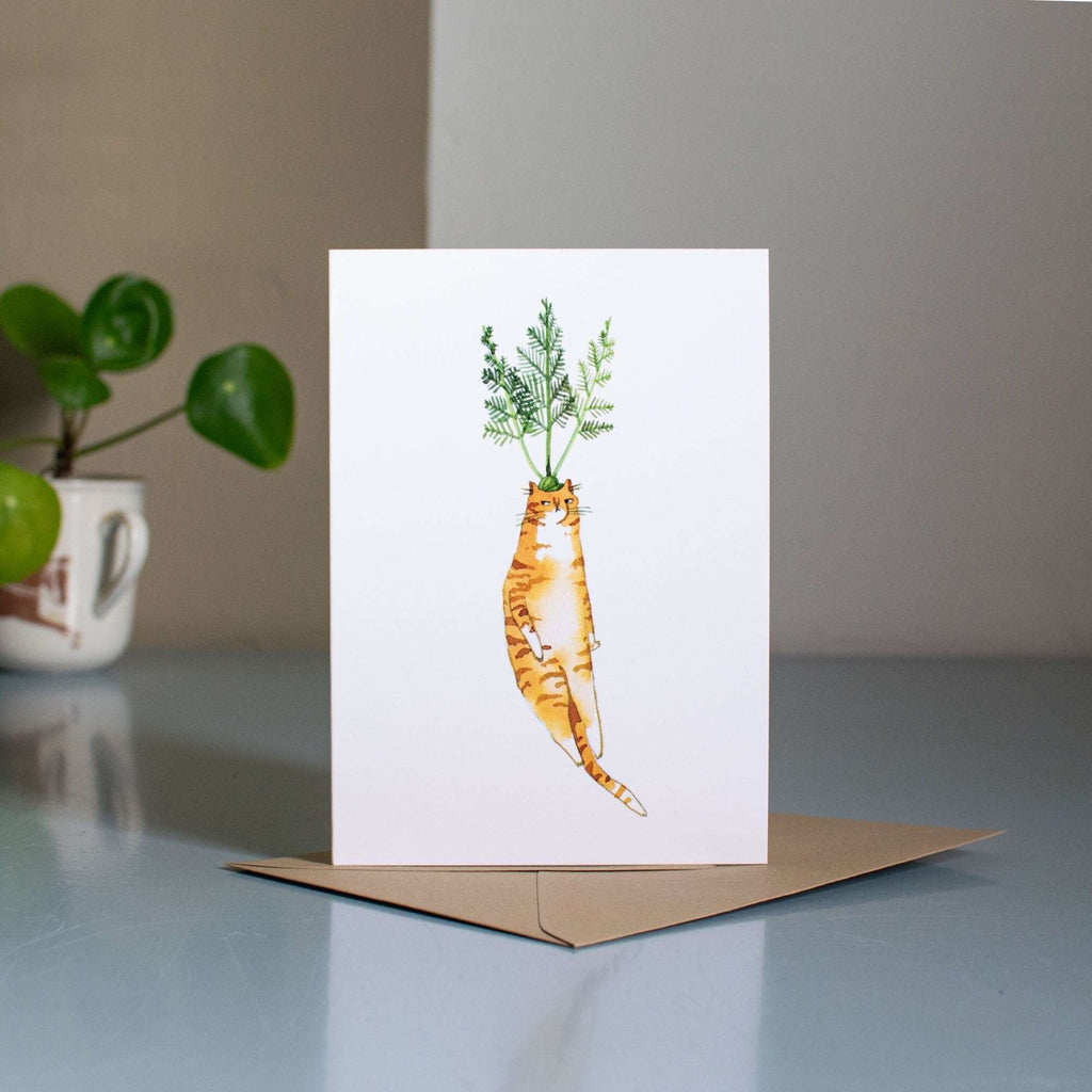 Carrot Cat Greeting Card: Grumpy Tabby Illustration