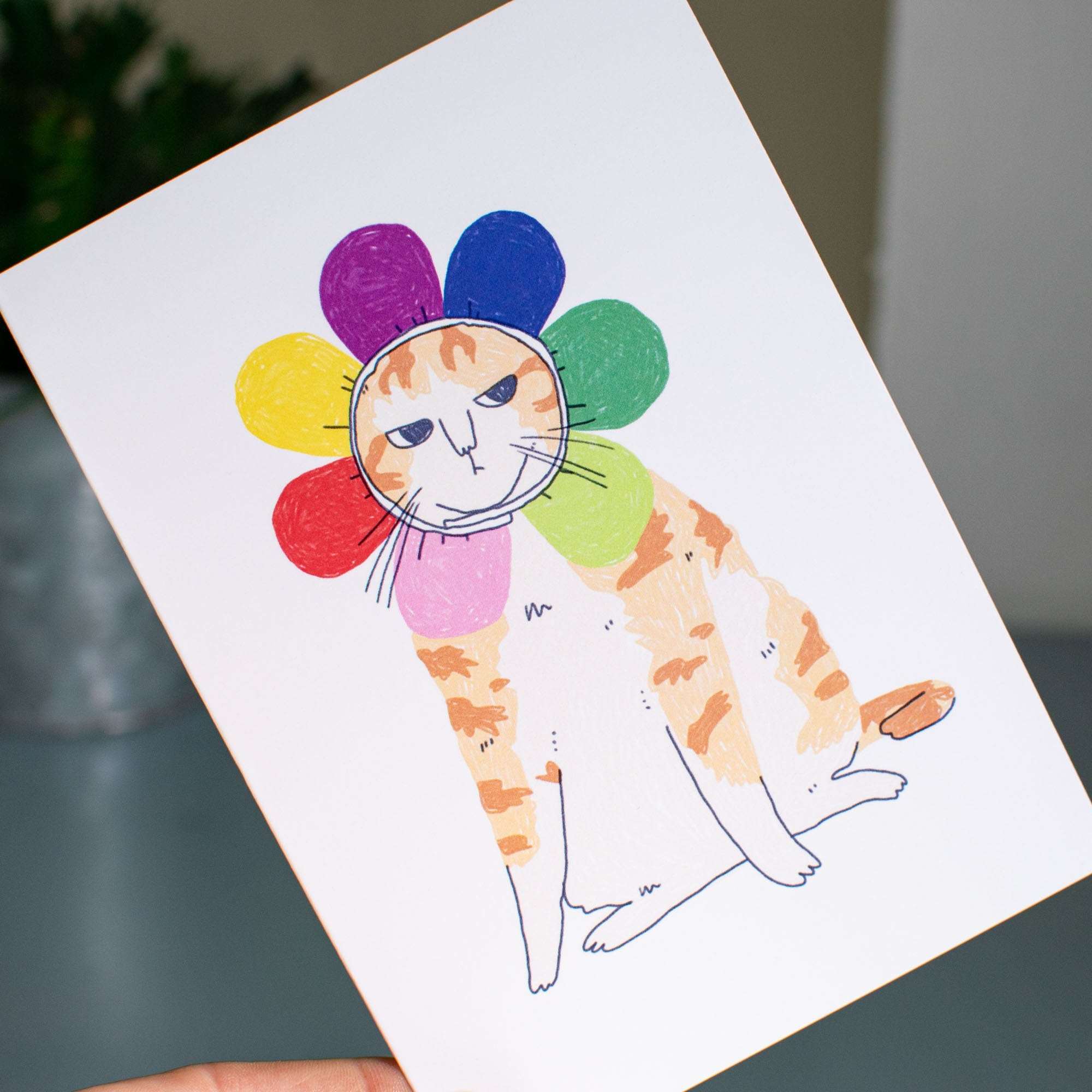 Grumpy Tabby Cat Greeting Card: Orange Cat in Flower Costume