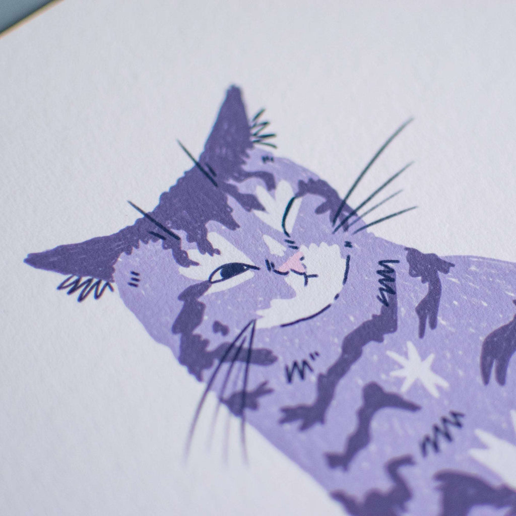 Sour Puss Cat Art Print: Purple Tabby & Lemon Giclée