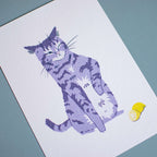 Sour Puss Cat Art Print: Purple Tabby & Lemon Giclée