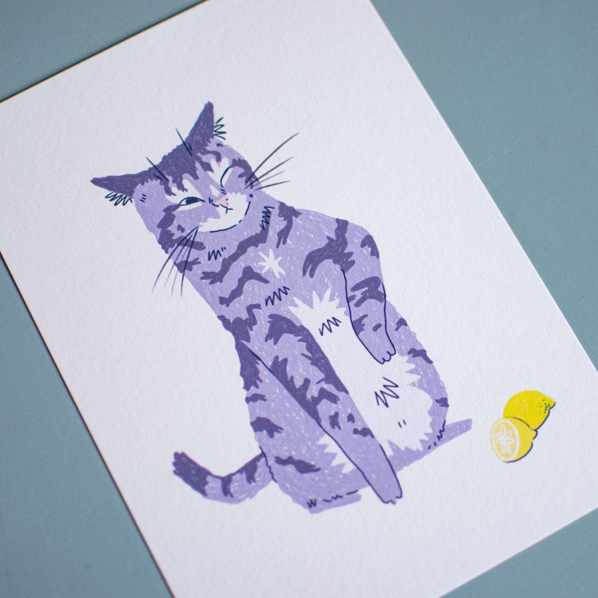 Sour Puss Cat Art Print: Purple Tabby & Lemon Giclée