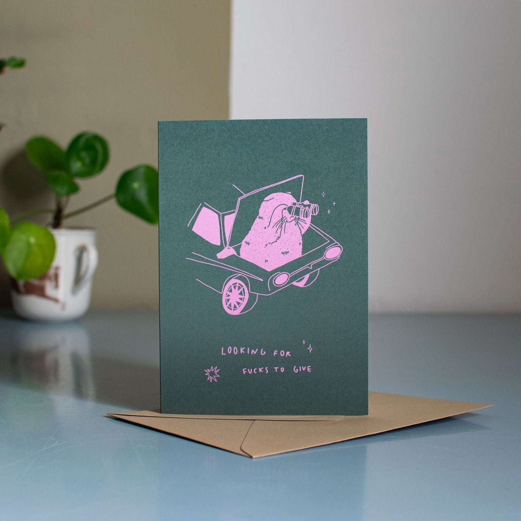 Looking for fucks to give | Greeting card with cat illustration for every occasion showing cat looking through binoculars
