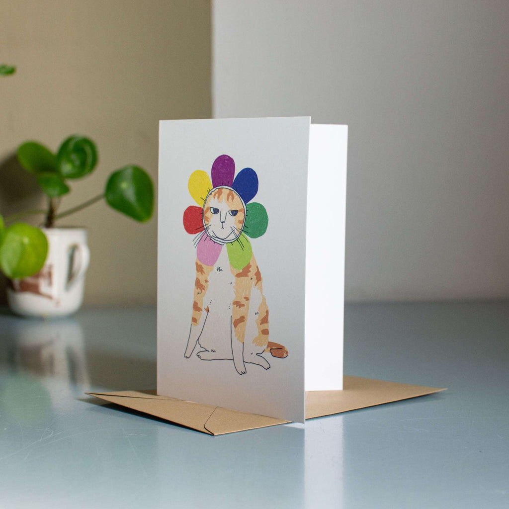 Grumpy Tabby Cat Greeting Card: Orange Cat in Flower Costume