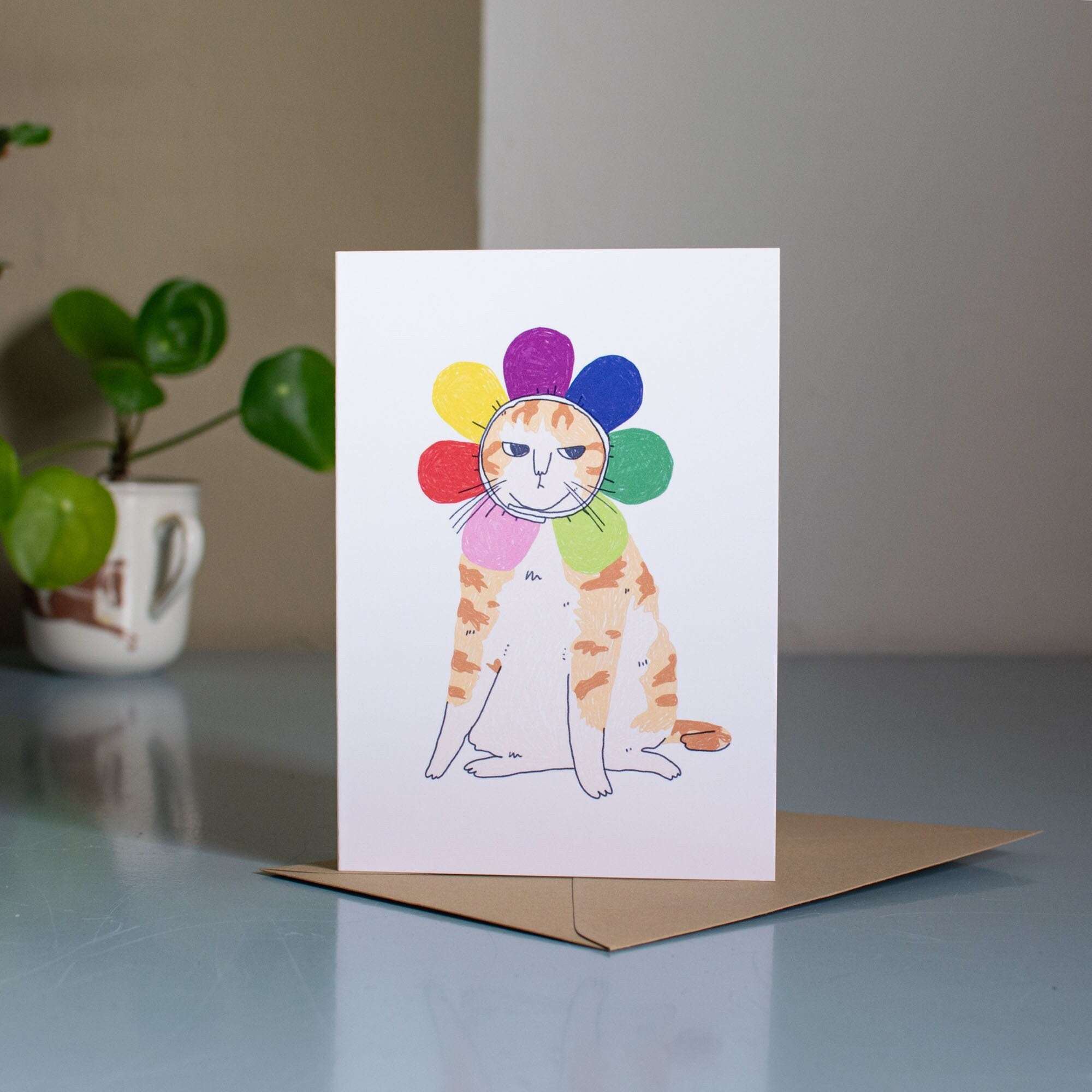 Grumpy Tabby Cat Greeting Card: Orange Cat in Flower Costume