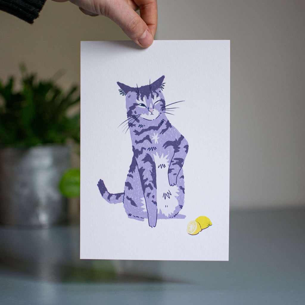 Sour Puss Cat Art Print: Purple Tabby & Lemon Giclée