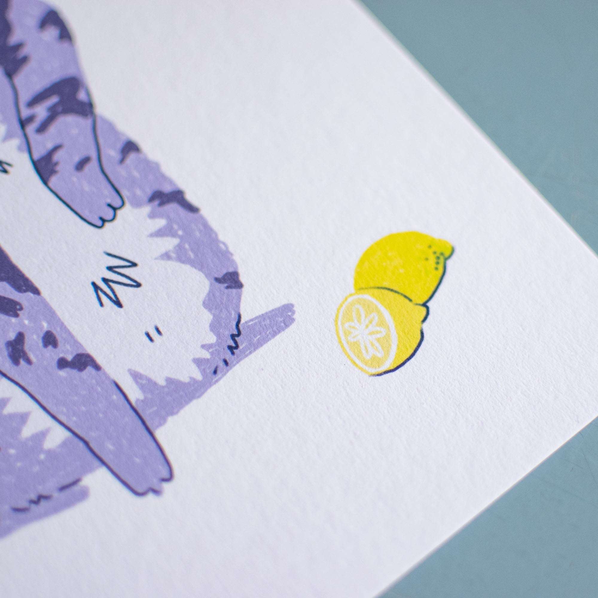 Sour Puss Cat Art Print: Purple Tabby & Lemon Giclée