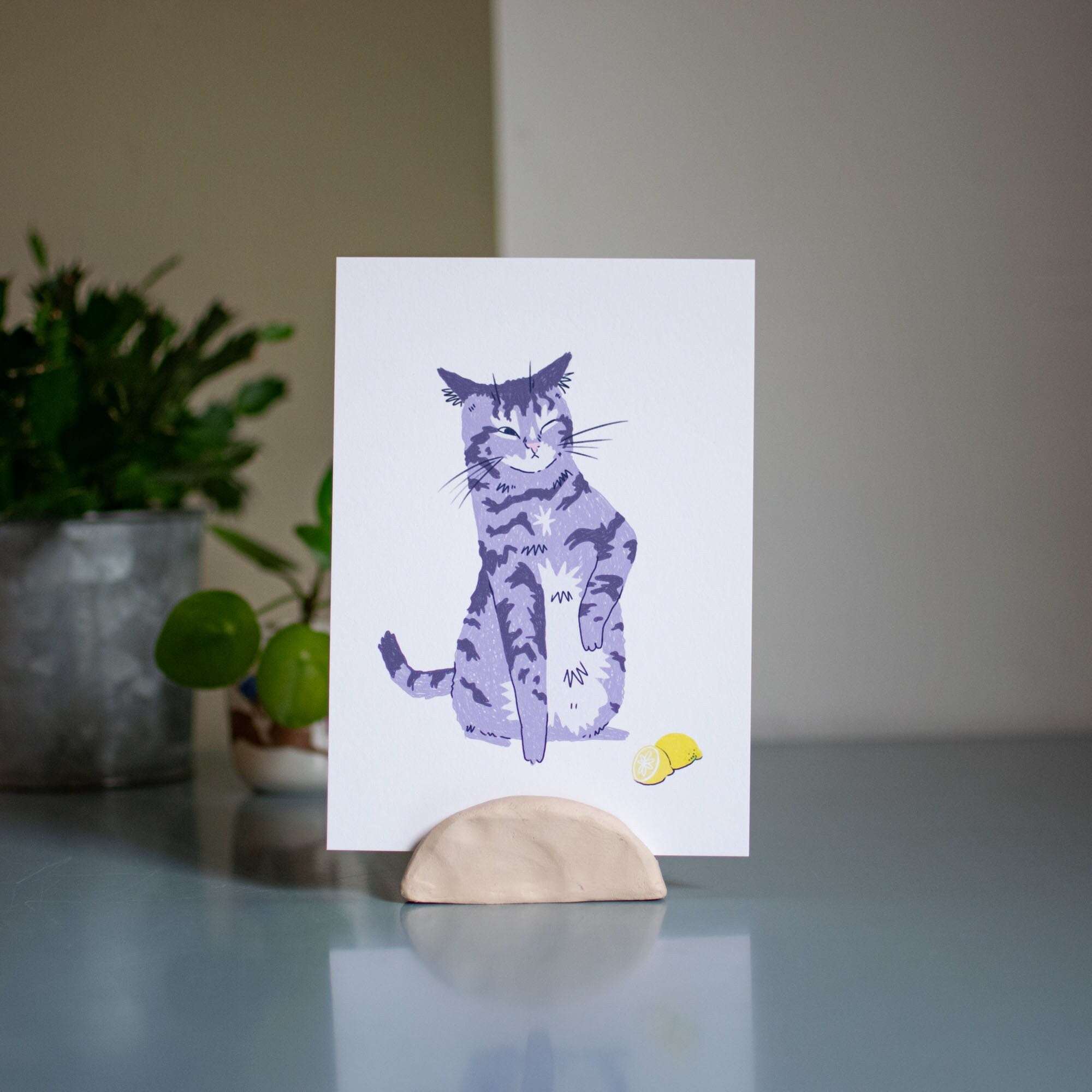 Sour Puss Cat Art Print: Purple Tabby & Lemon Giclée