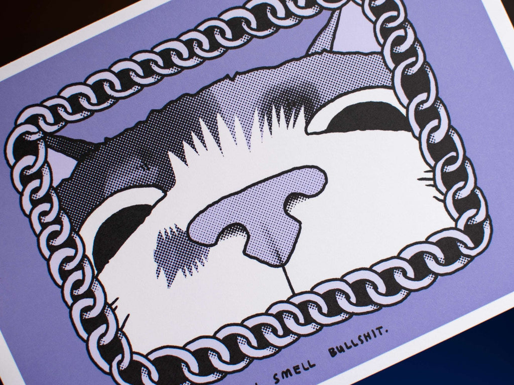 Calico Cat Art Print: Funny Sniffing Cat, Purple Monochrome