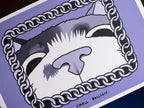 Calico Cat Art Print: Funny Sniffing Cat, Purple Monochrome