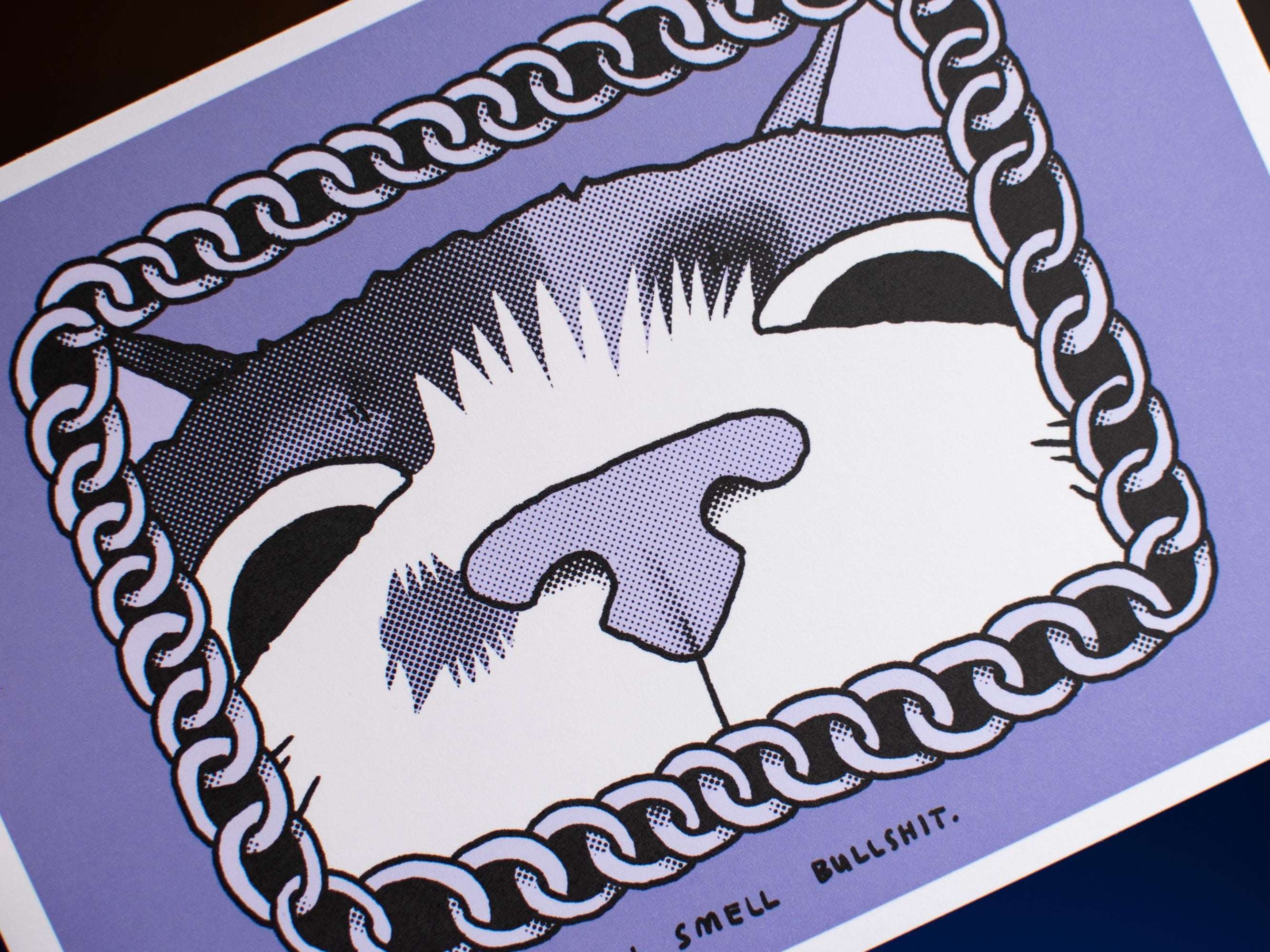 Calico Cat Art Print: Funny Sniffing Cat, Purple Monochrome