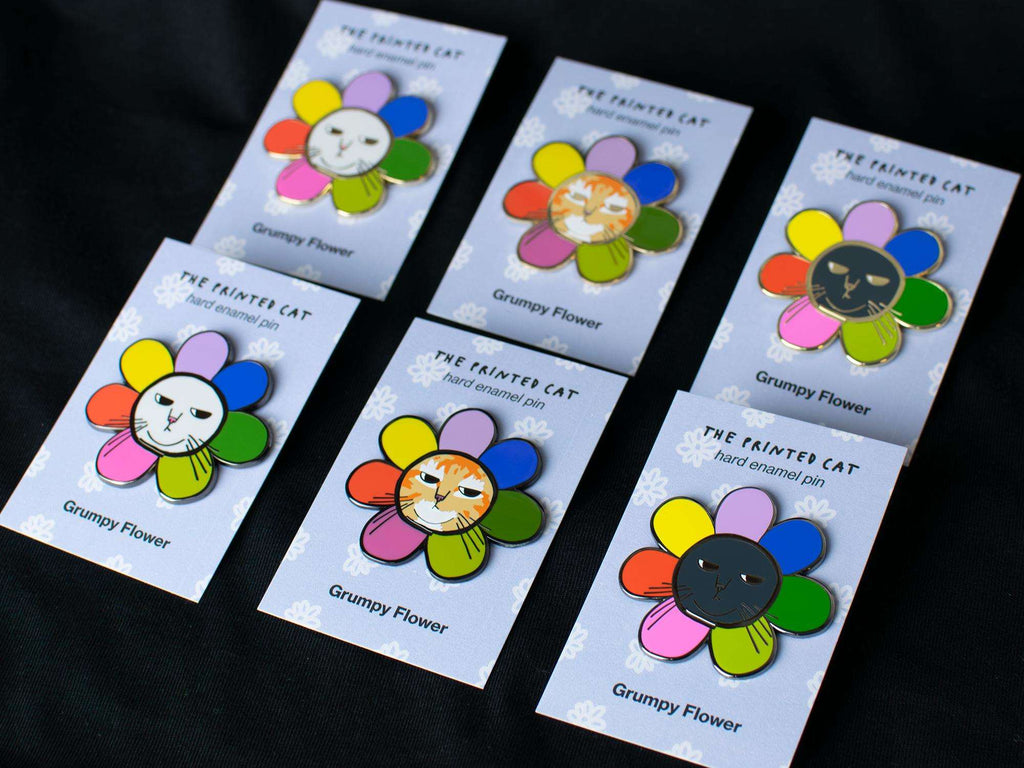 Grumpy Flower Cat Hard Enamel Pin | Gold or black nickel plated brooch with grumpy cat available as black, white and orange tabby fur color