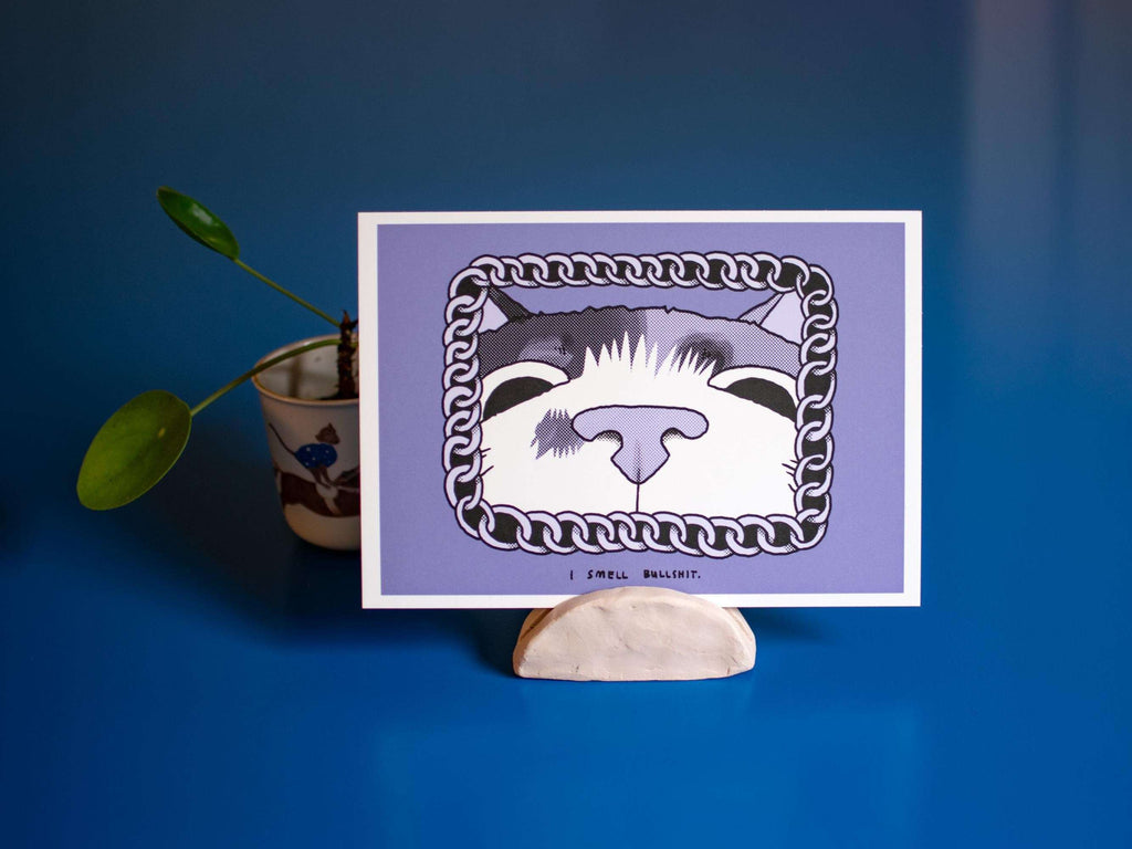 Calico Cat Art Print: Funny Sniffing Cat, Purple Monochrome