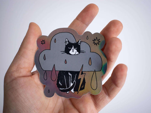 Grumpy Tuxedo Cat Rain Cloud Holographic Sticker - Dark Mode
