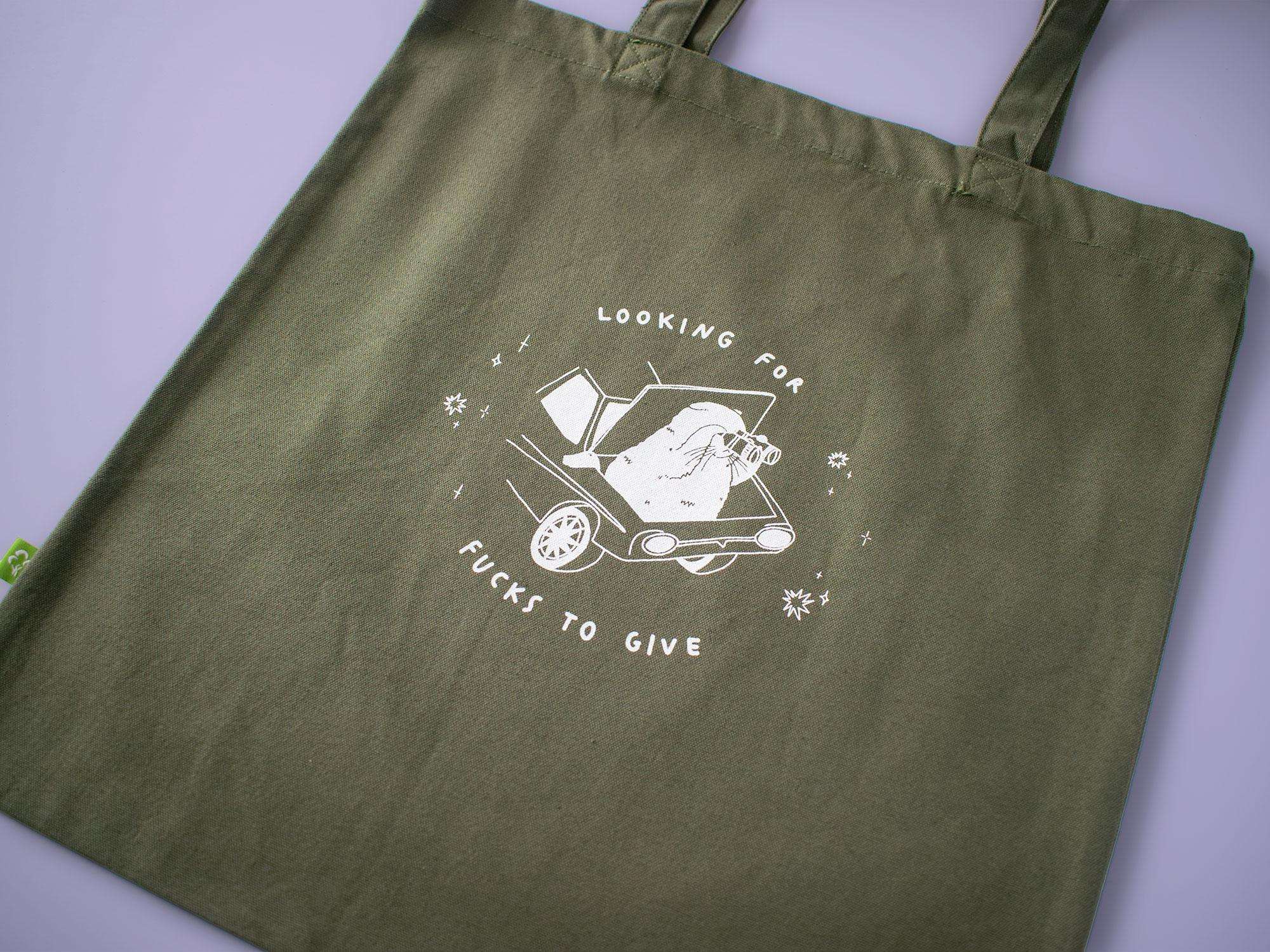 Funny Cat Olive Green Tote Bag: Hand Screen Printed Organic Cotton