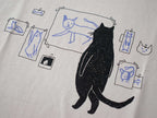 Cat gallery t-shirt | Hand screen printed on beige organic cotton tee with black and blue illustration of a cat judging his own art