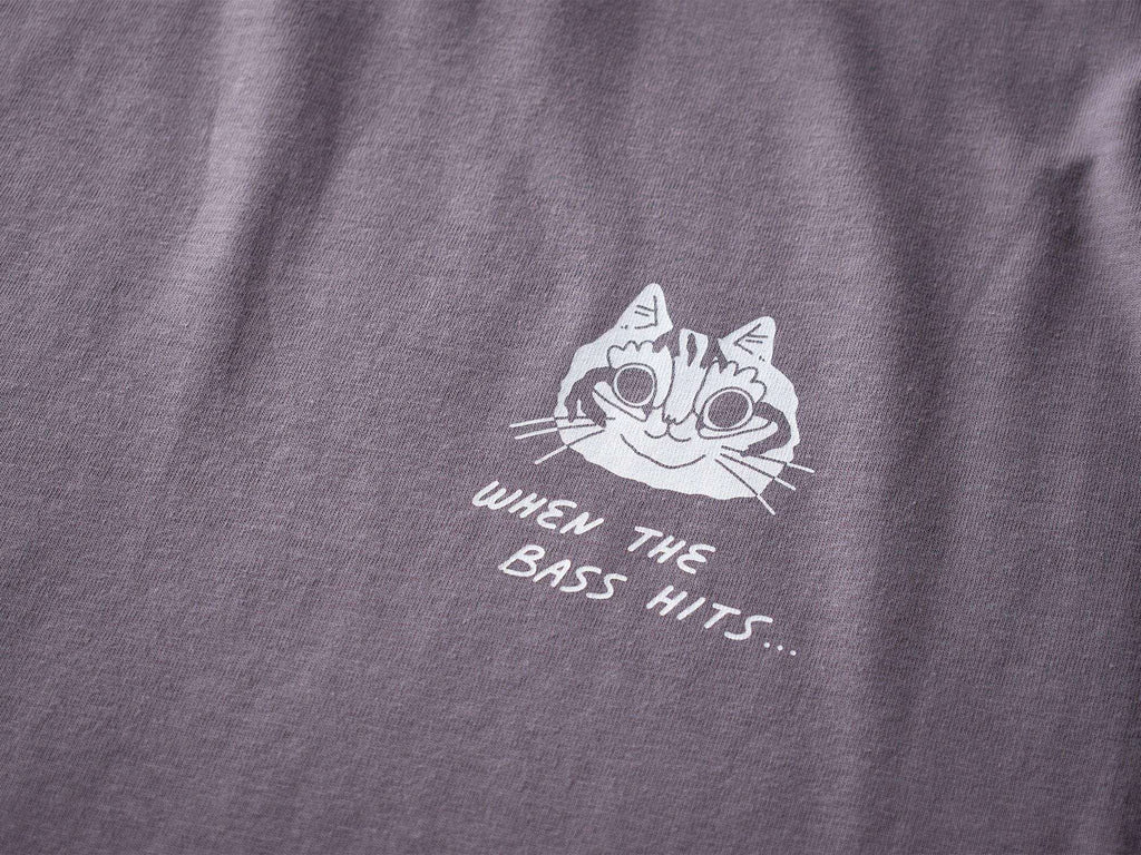 When the bass hits oversized t-shirt | Hand screen printed on dusty llilac 100% cotton tee with front and back print of cats raving