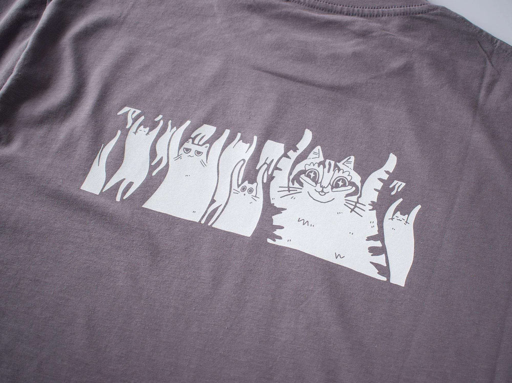 When the bass hits oversized t-shirt | Hand screen printed on dusty llilac 100% cotton tee with front and back print of cats raving