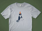 Orange Cat t-shirt | Hand screen printed illustration of a cat balancing oranges on grey organic cotton tee with navy and orange