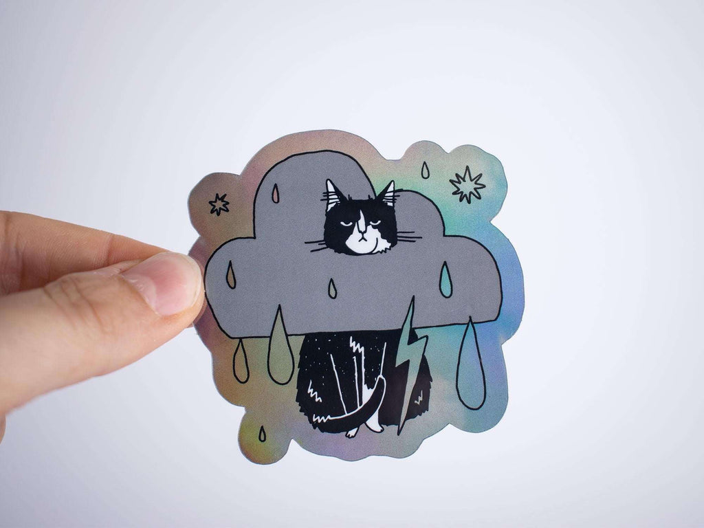Grumpy Tuxedo Cat Rain Cloud Holographic Sticker - Dark Mode