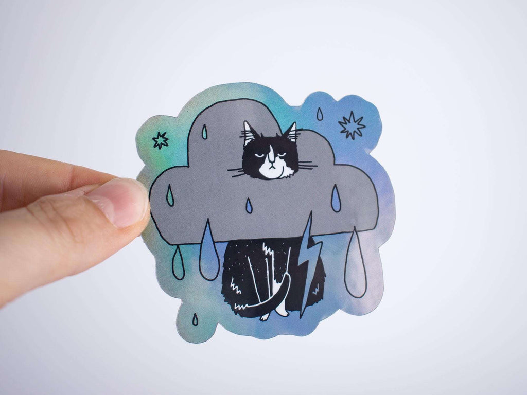 Grumpy Tuxedo Cat Rain Cloud Holographic Sticker - Dark Mode