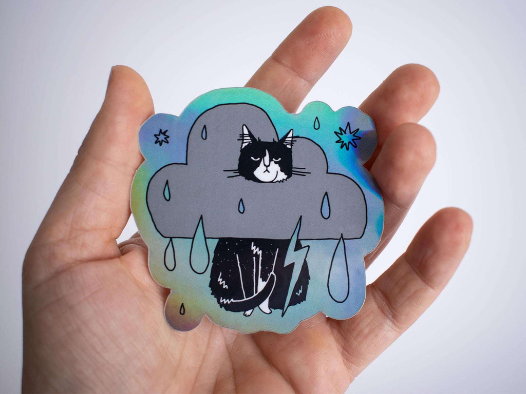 Grumpy Tuxedo Cat Rain Cloud Holographic Sticker - Dark Mode
