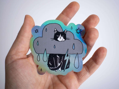 Grumpy Tuxedo Cat Rain Cloud Holographic Sticker - Dark Mode