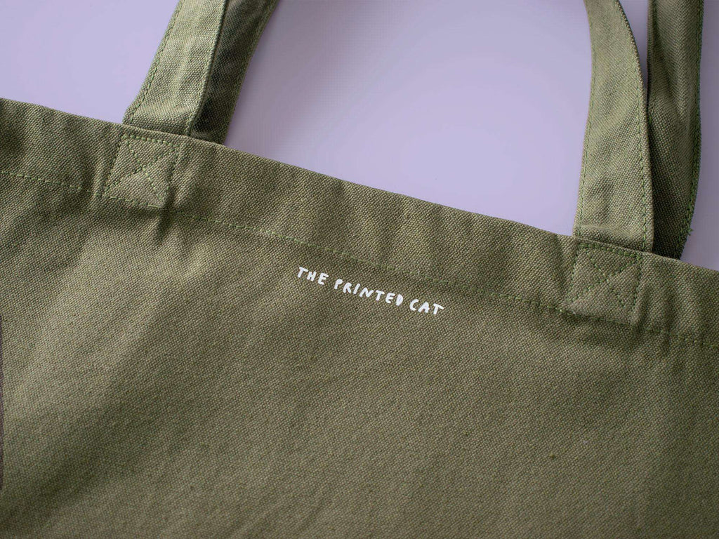 Funny Cat Olive Green Tote Bag: Hand Screen Printed Organic Cotton