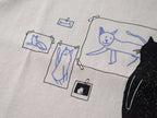 Cat gallery t-shirt | Hand screen printed on beige organic cotton tee with black and blue illustration of a cat judging his own art