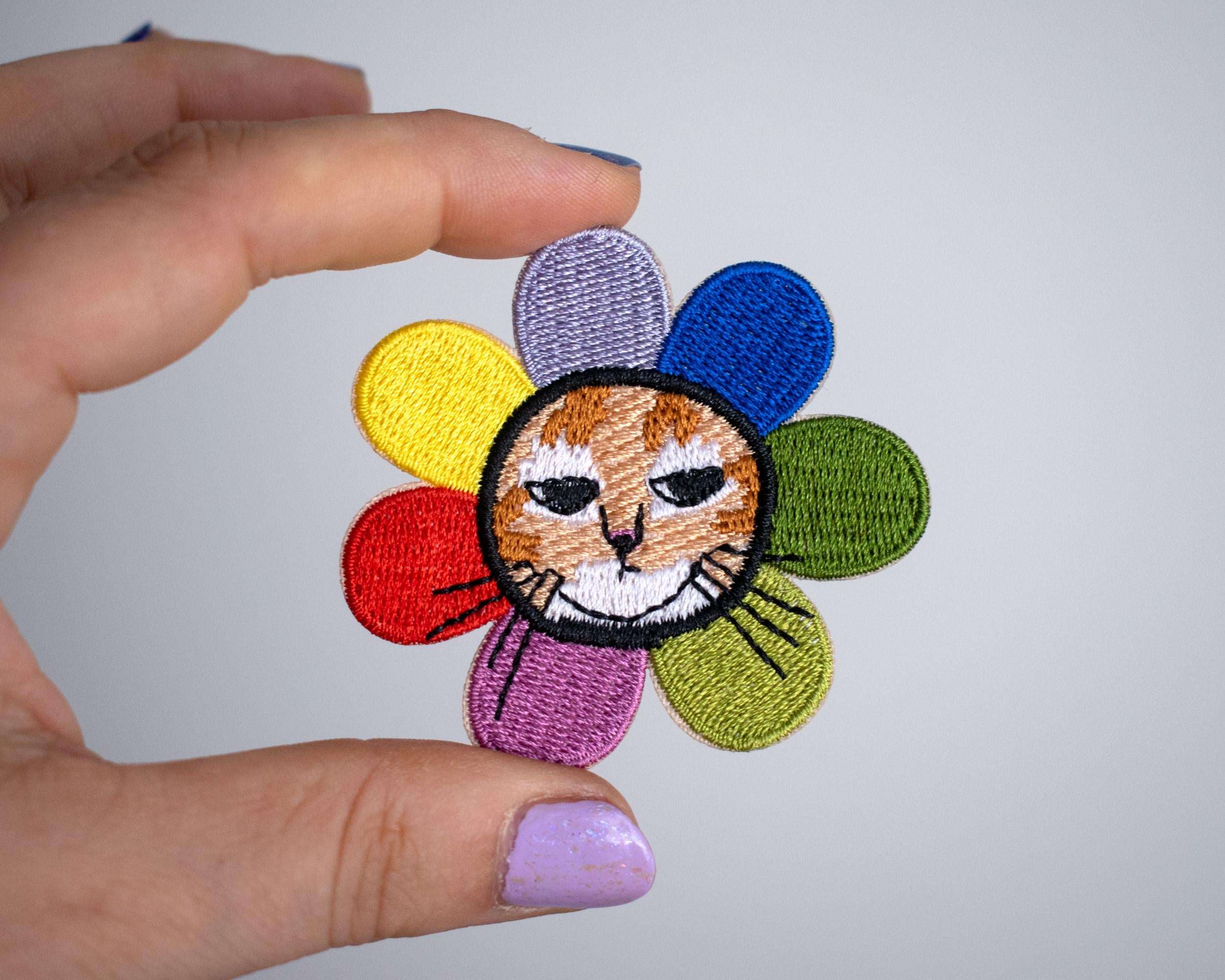 Grumpy Flower Cat Iron-on patch | Cat Badge, Embroidery iron-on patch of orange tabby cat dressed as a flower