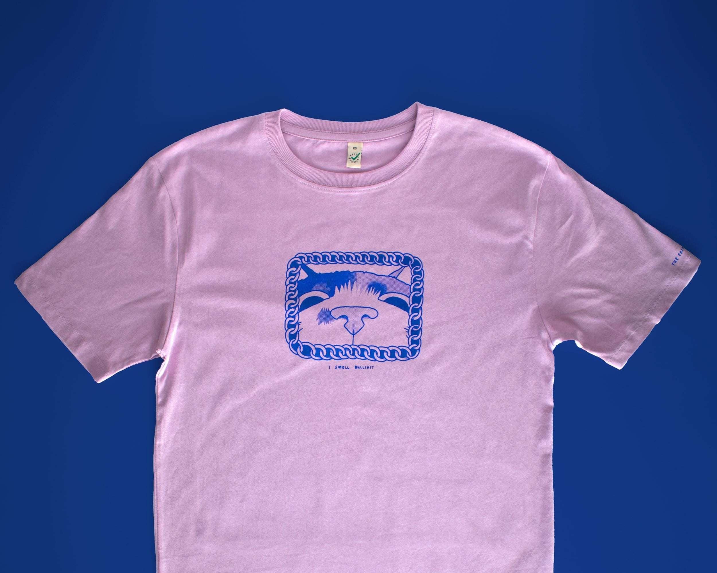 I smell Bullshit t-shirt | Hand screen printed on lilac organic cotton tee with blue illustration of a cat sniffing out your lies