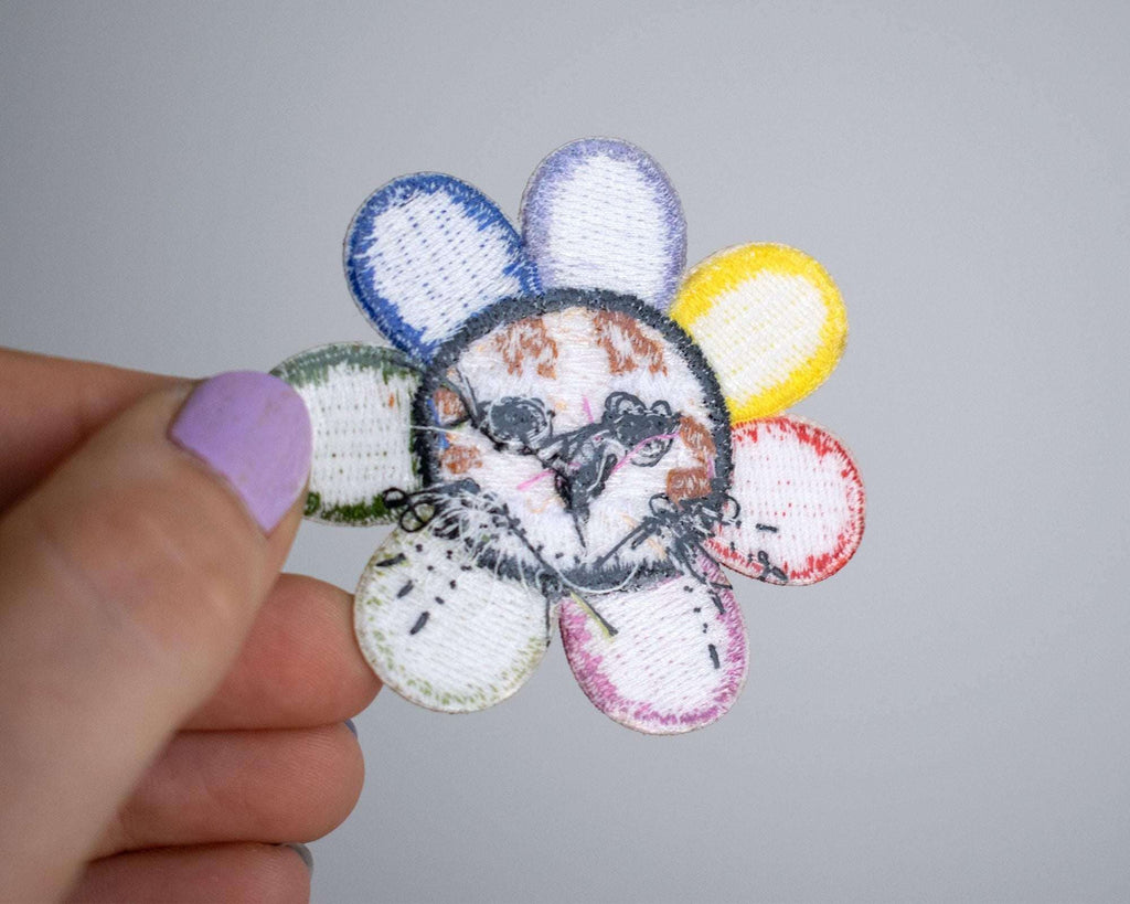 Grumpy Flower Cat Iron-on patch | Cat Badge, Embroidery iron-on patch of orange tabby cat dressed as a flower