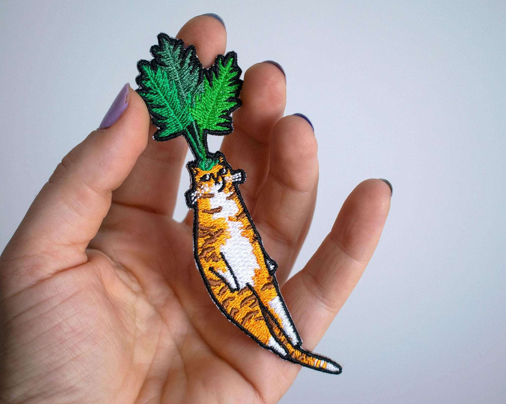 Carrot Cat Patch | Cat Badge, Embroidery iron-on patch of orange tabby cat dressed as a carrot, great gift for vegans, cat lover or yourself