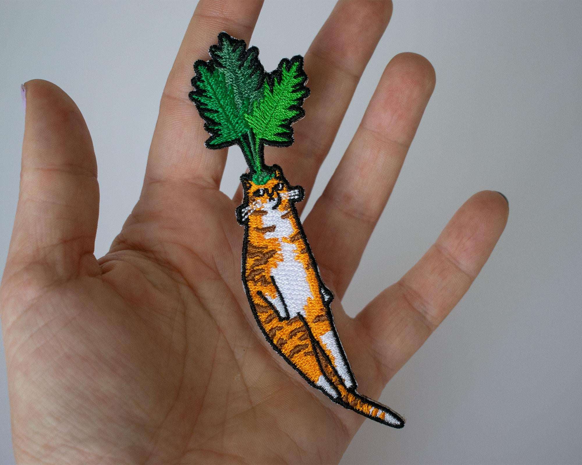 Carrot Cat Patch | Cat Badge, Embroidery iron-on patch of orange tabby cat dressed as a carrot, great gift for vegans, cat lover or yourself