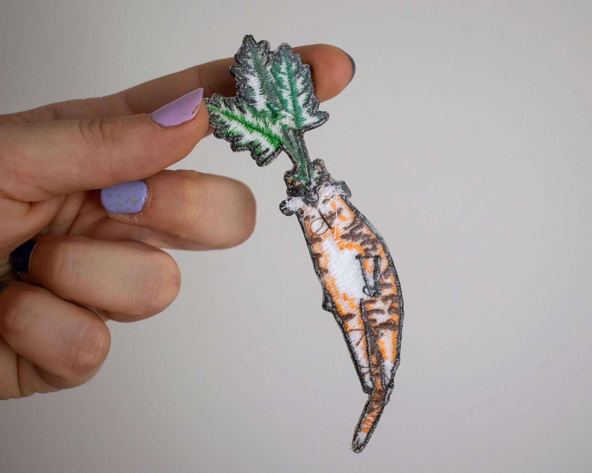Carrot Cat Patch | Cat Badge, Embroidery iron-on patch of orange tabby cat dressed as a carrot, great gift for vegans, cat lover or yourself
