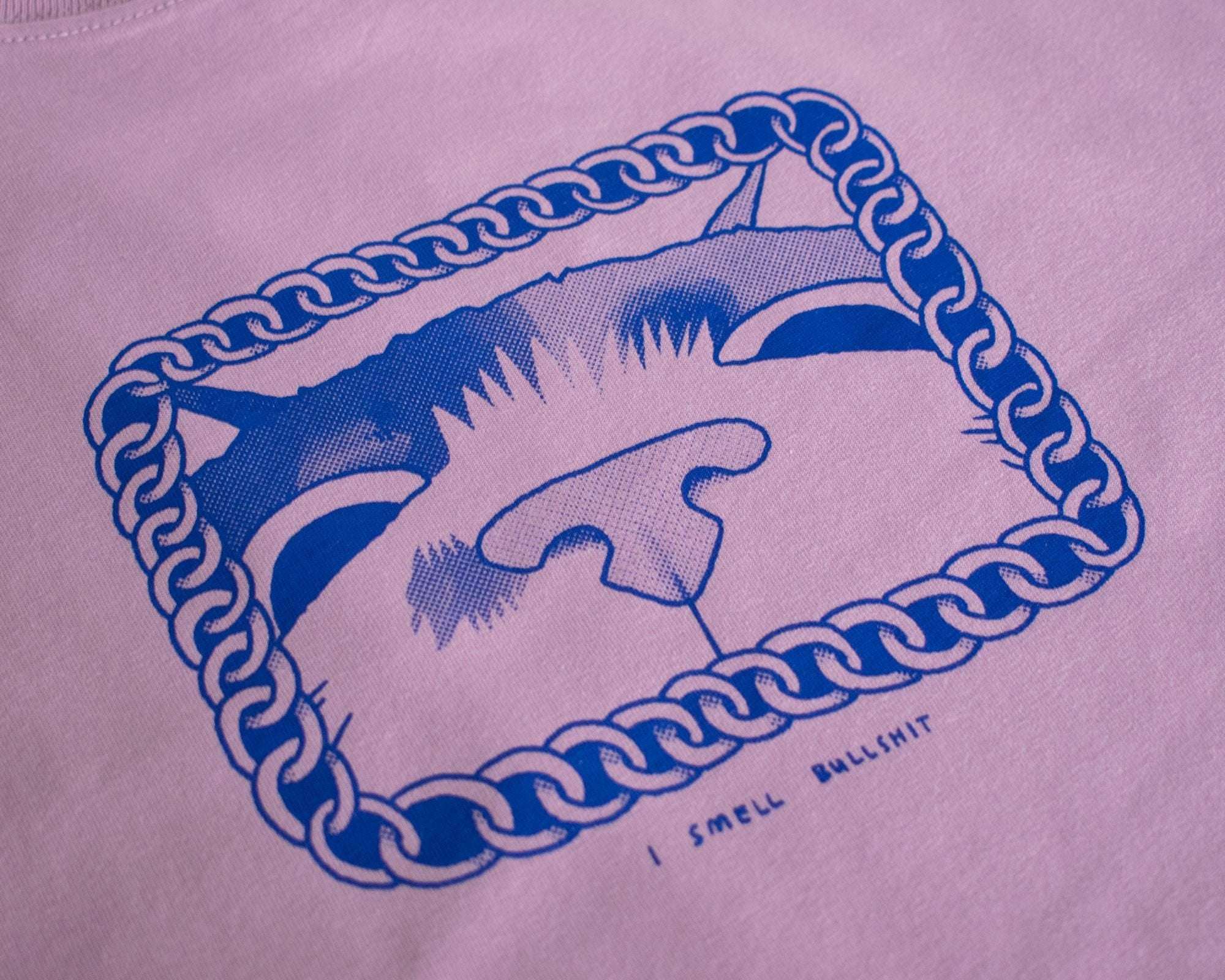 I smell Bullshit t-shirt | Hand screen printed on lilac organic cotton tee with blue illustration of a cat sniffing out your lies