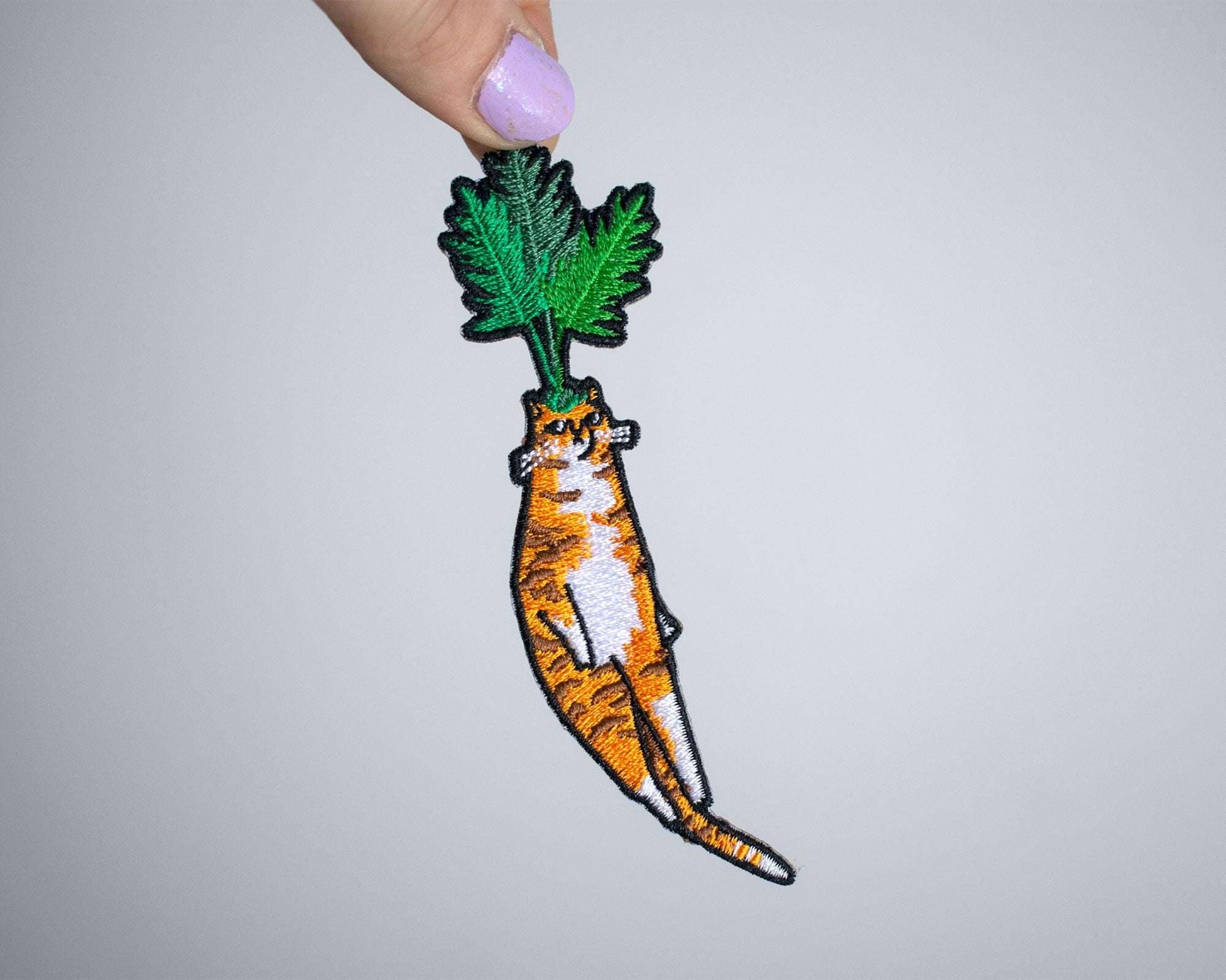 Carrot Cat Patch | Cat Badge, Embroidery iron-on patch of orange tabby cat dressed as a carrot, great gift for vegans, cat lover or yourself