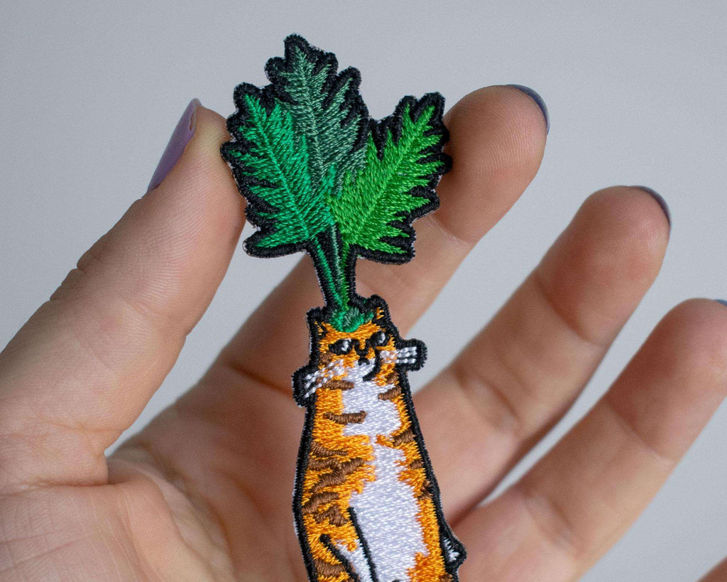 Carrot Cat Patch | Cat Badge, Embroidery iron-on patch of orange tabby cat dressed as a carrot, great gift for vegans, cat lover or yourself