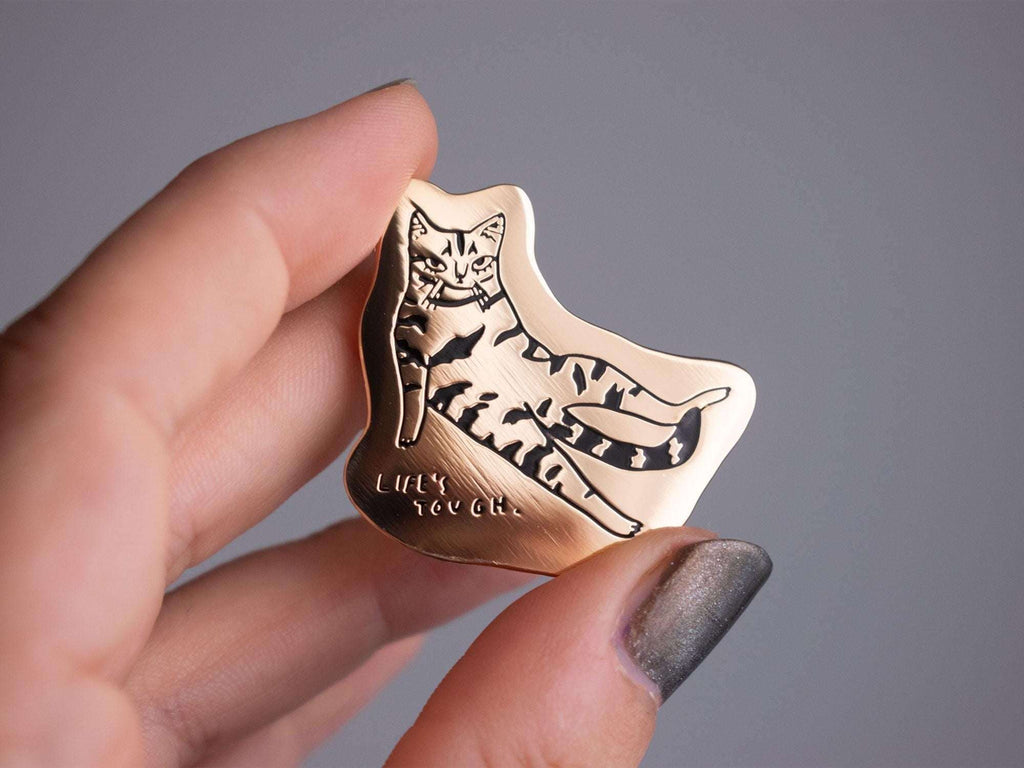 Life's tough Cat Enamel Pin | Gold plated brooch with a tabby cat beeing fed up with everything